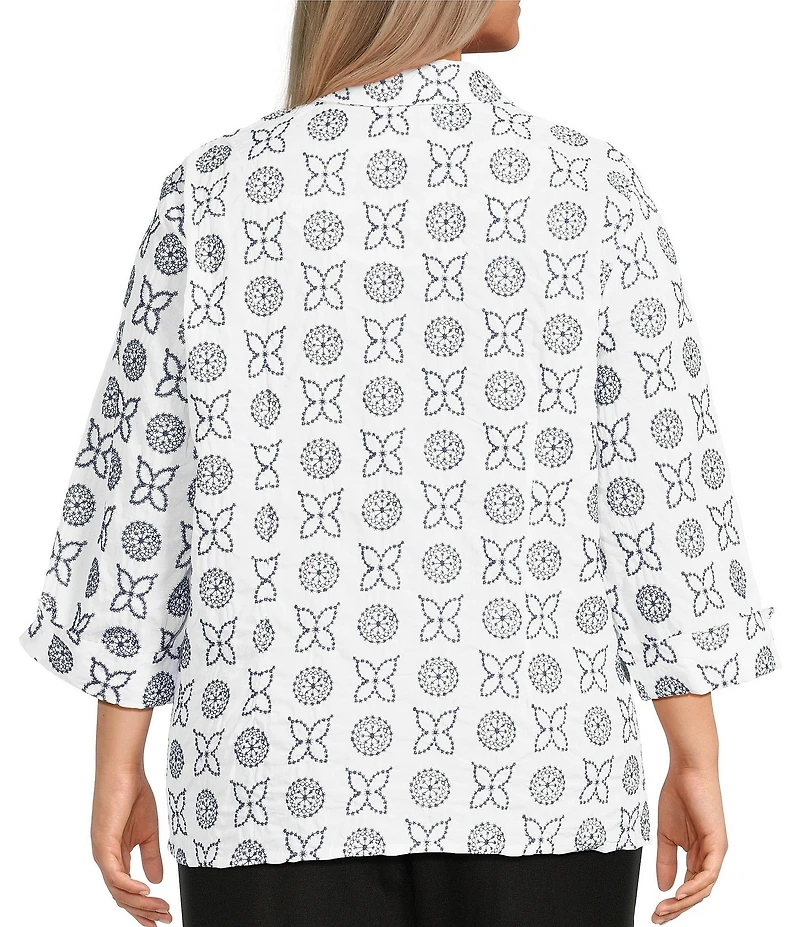 Allison Daley Plus Size Embroidery 3/4 Sleeve Point Collar Button Front Blouse
