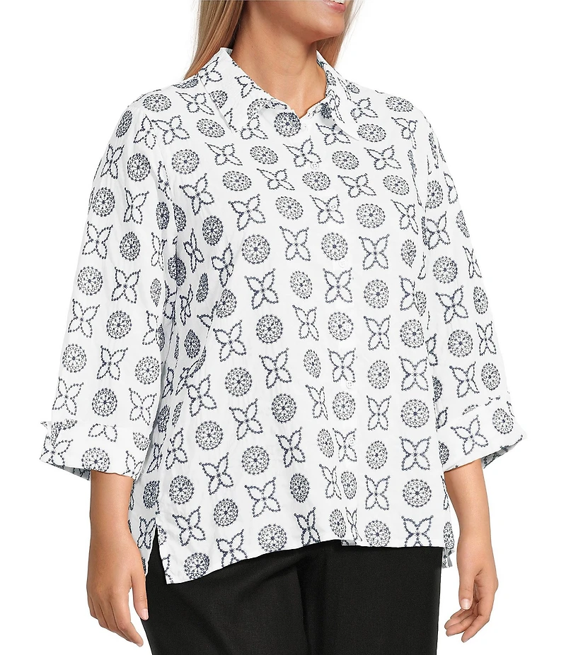 Allison Daley Plus Size Embroidery 3/4 Sleeve Point Collar Button Front Blouse