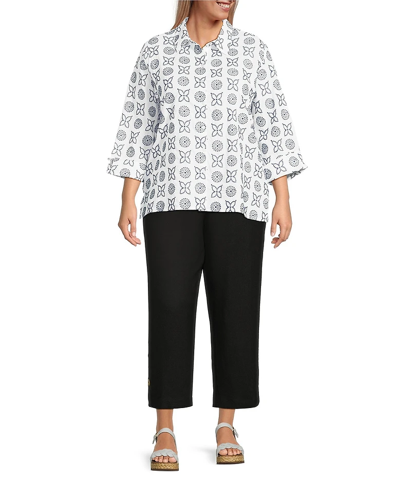 Allison Daley Plus Size Embroidery 3/4 Sleeve Point Collar Button Front Blouse