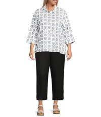 Allison Daley Plus Size Embroidery 3/4 Sleeve Point Collar Button Front Blouse