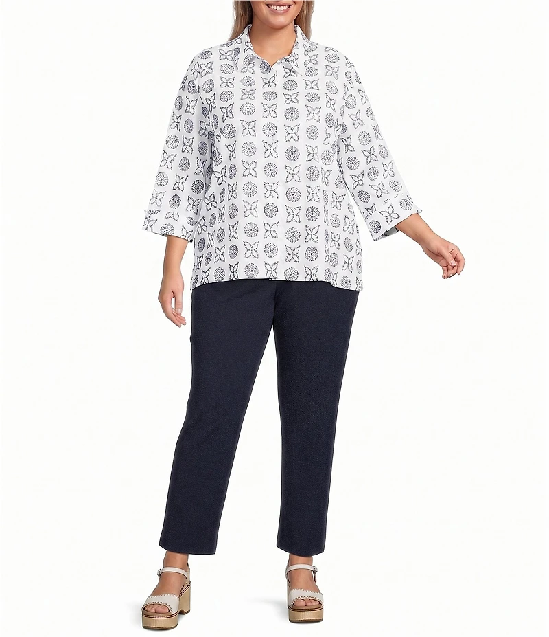 Allison Daley Plus Size Embroidery 3/4 Sleeve Point Collar Button Front Blouse