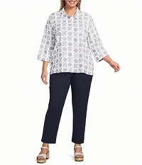 Allison Daley Plus Size Embroidery 3/4 Sleeve Point Collar Button Front Blouse
