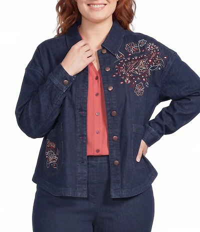 Allison Daley Plus Size Embroidery Detail Long Sleeve Button Front Point Collar Stretch Denim Jacket