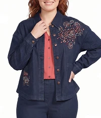 Allison Daley Plus Size Embroidery Detail Long Sleeve Button Front Point Collar Stretch Denim Jacket