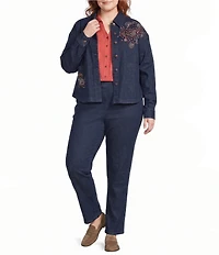 Allison Daley Plus Size Embroidery Detail Long Sleeve Button Front Point Collar Stretch Denim Jacket