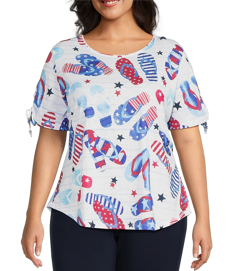 Allison Daley Plus Size Flip Flops Stars And Stripe Print Short Ruched Tie Sleeve Crew Neck Knit Top