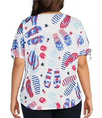 Allison Daley Plus Size Flip Flops Stars And Stripe Print Short Ruched Tie Sleeve Crew Neck Knit Top