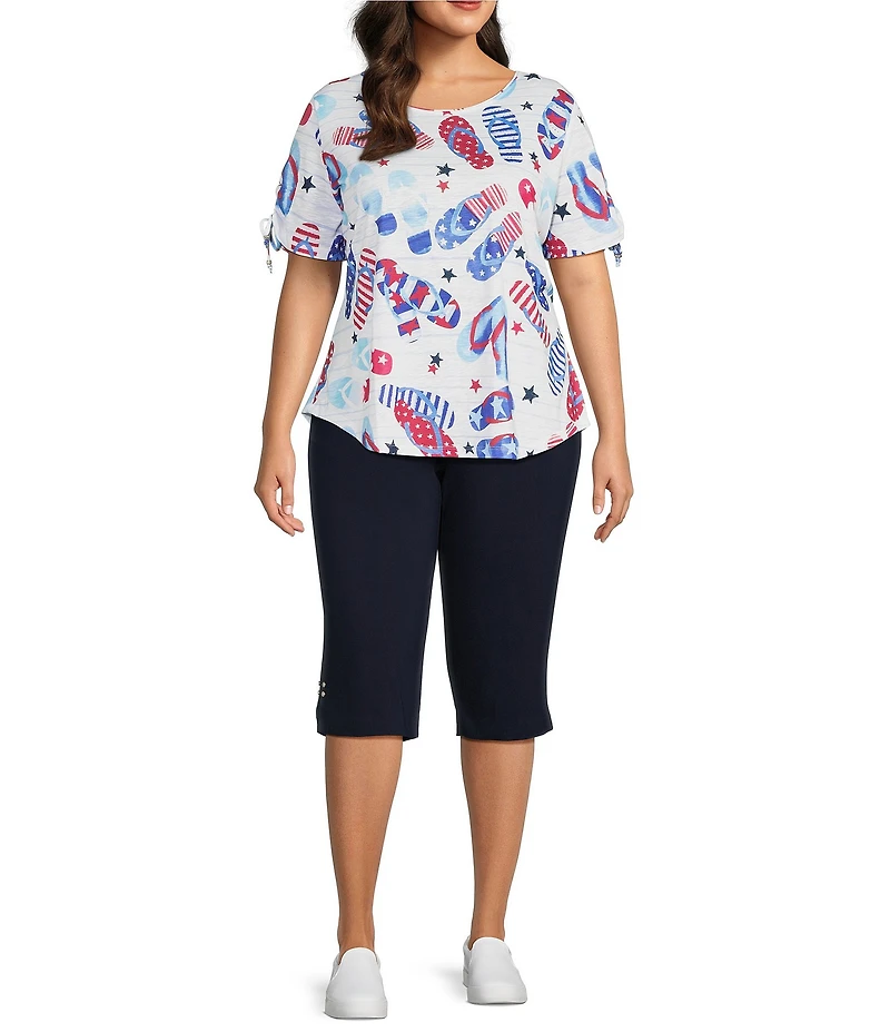 Allison Daley Plus Size Flip Flops Stars And Stripe Print Short Ruched Tie Sleeve Crew Neck Knit Top