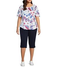 Allison Daley Plus Size Flip Flops Stars And Stripe Print Short Ruched Tie Sleeve Crew Neck Knit Top
