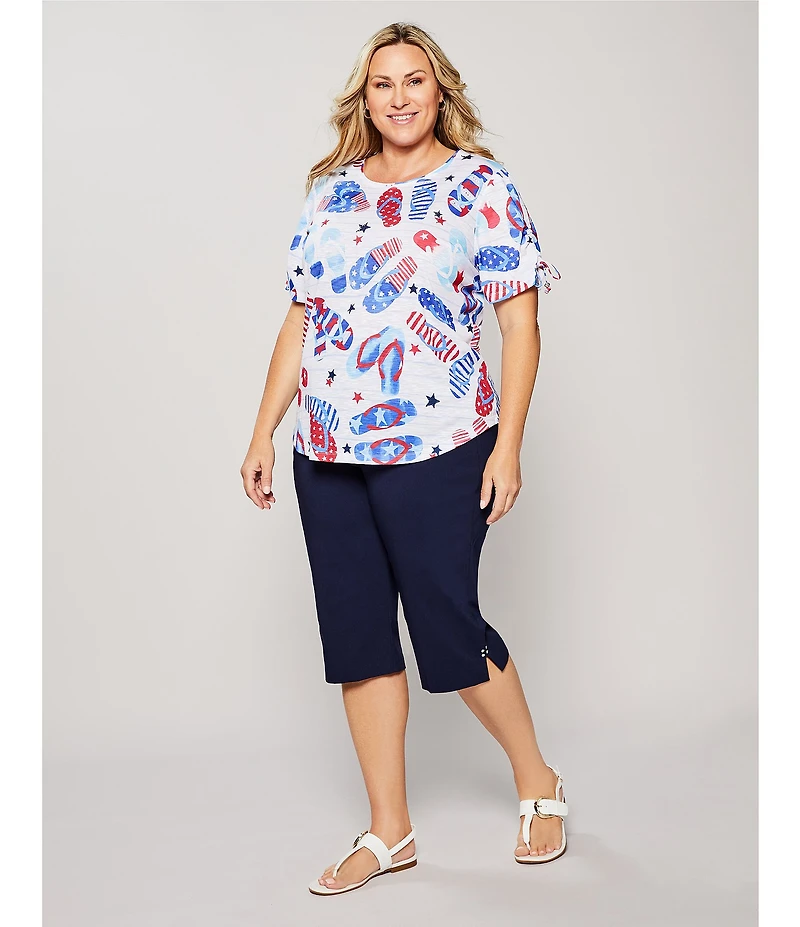 Allison Daley Plus Size Flip Flops Stars And Stripe Print Short Ruched Tie Sleeve Crew Neck Knit Top
