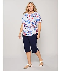 Allison Daley Plus Size Flip Flops Stars And Stripe Print Short Ruched Tie Sleeve Crew Neck Knit Top