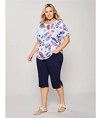 Allison Daley Plus Size Flip Flops Stars And Stripe Print Short Ruched Tie Sleeve Crew Neck Knit Top