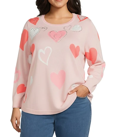 Allison Daley Plus Size Floating Hearts 3/4 Sleeve Crew Neck Curve Hem Sweater