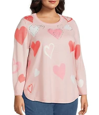 Allison Daley Plus Size Floating Hearts 3/4 Sleeve Crew Neck Curve Hem Sweater