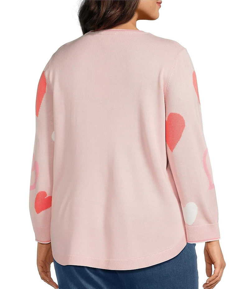 Allison Daley Plus Size Floating Hearts 3/4 Sleeve Crew Neck Curve Hem Sweater