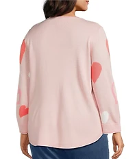 Allison Daley Plus Size Floating Hearts 3/4 Sleeve Crew Neck Curve Hem Sweater