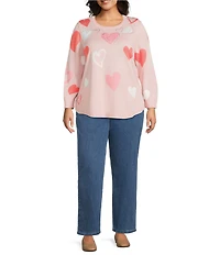 Allison Daley Plus Size Floating Hearts 3/4 Sleeve Crew Neck Curve Hem Sweater