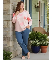 Allison Daley Plus Size Floating Hearts 3/4 Sleeve Crew Neck Curve Hem Sweater
