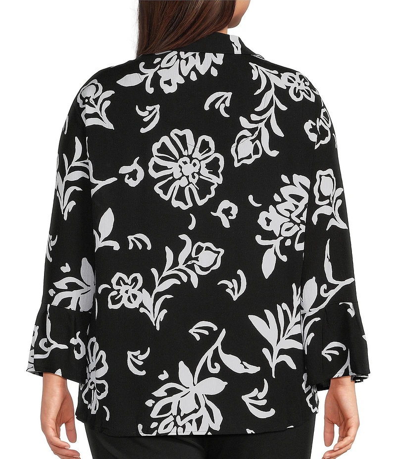 Allison Daley Plus Size Floral Print 3/4 Flounce Sleeve Button Front Point Collar Top