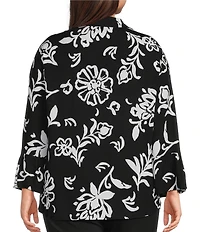Allison Daley Plus Size Floral Print 3/4 Flounce Sleeve Button Front Point Collar Top