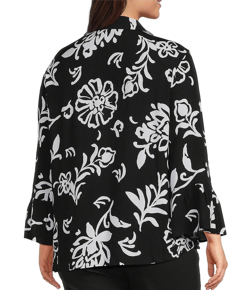 Allison Daley Plus Size Floral Print 3/4 Flounce Sleeve Button Front Point Collar Top