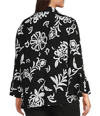 Allison Daley Plus Size Floral Print 3/4 Flounce Sleeve Button Front Point Collar Top