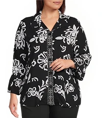 Allison Daley Plus Size Floral Print 3/4 Flounce Sleeve Button Front Point Collar Top