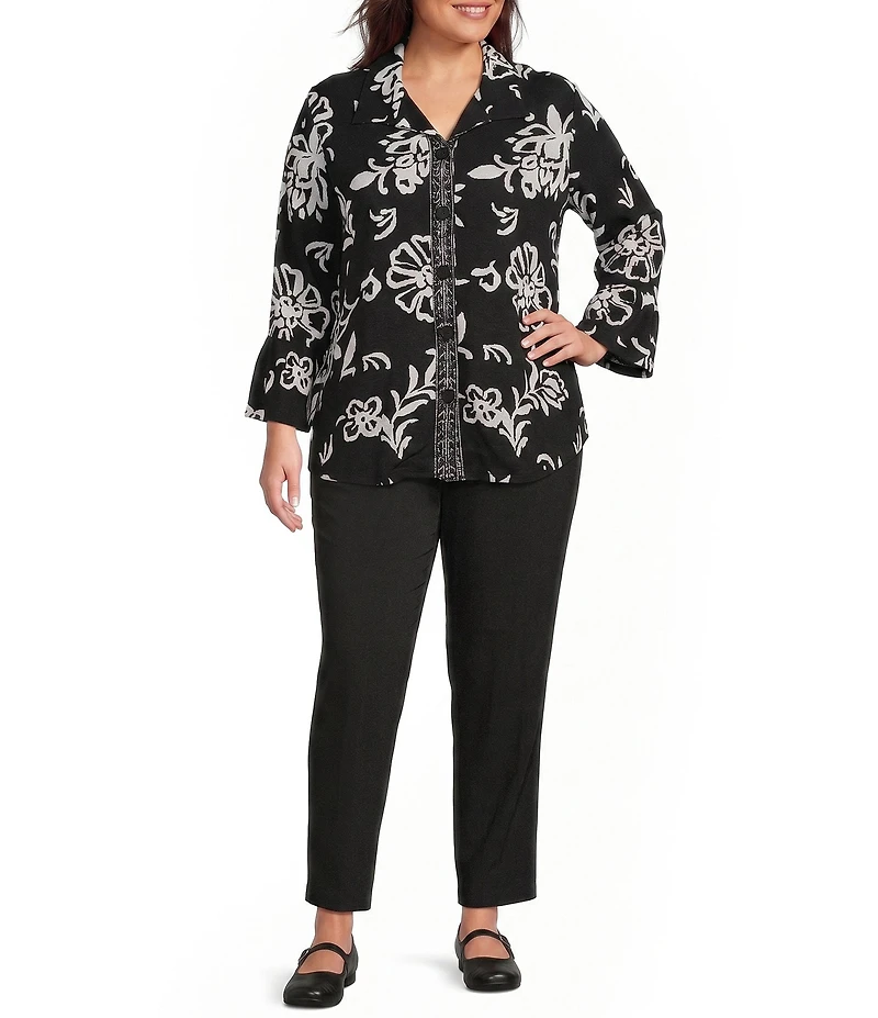 Allison Daley Plus Size Floral Print 3/4 Flounce Sleeve Button Front Point Collar Top