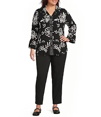 Allison Daley Plus Size Floral Print 3/4 Flounce Sleeve Button Front Point Collar Top