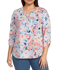 Allison Daley Plus Size Floral Print 3/4 Sleeve Henley Neck Knit Top