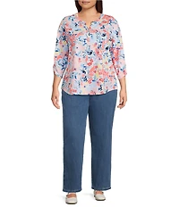 Allison Daley Plus Size Floral Print 3/4 Sleeve Henley Neck Knit Top