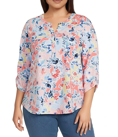 Allison Daley Plus Size Floral Print 3/4 Sleeve Henley Neck Knit Top