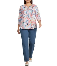 Allison Daley Plus Size Floral Print 3/4 Sleeve Henley Neck Knit Top