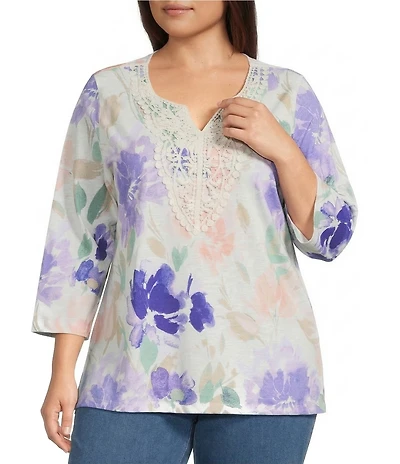 Allison Daley Plus Size Floral Print 3/4 Sleeve V-Neck Beaded Applique Knit Top