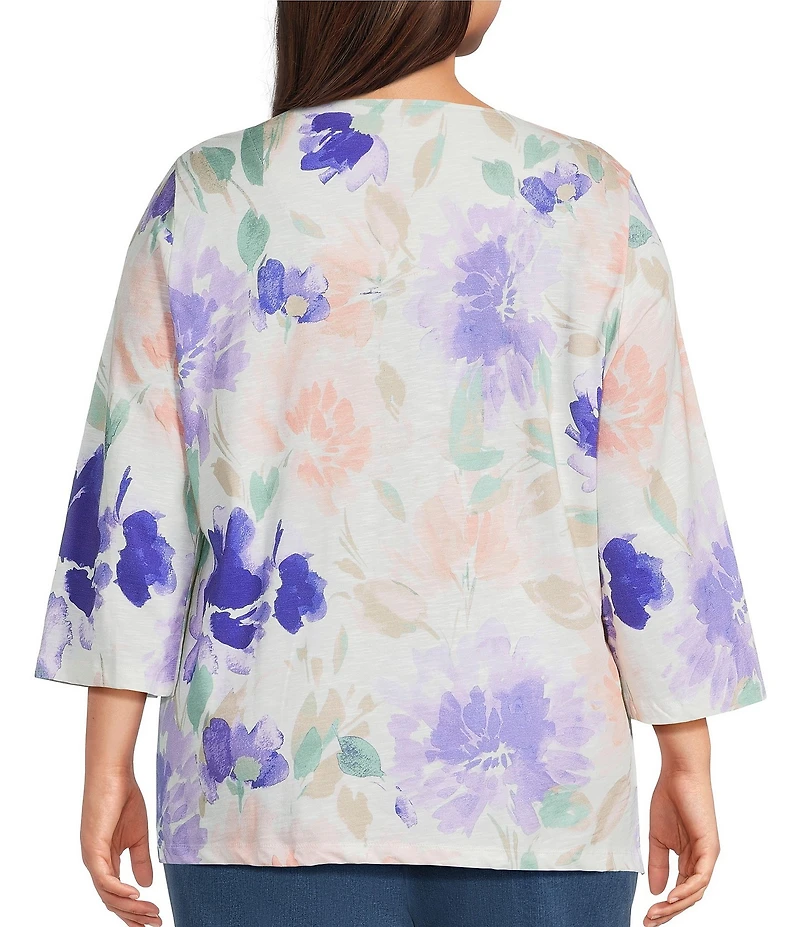 Allison Daley Plus Size Floral Print 3/4 Sleeve V-Neck Beaded Applique Knit Top