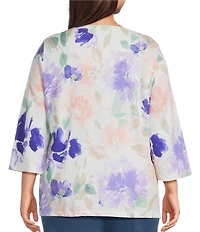 Allison Daley Plus Size Floral Print 3/4 Sleeve V-Neck Beaded Applique Knit Top