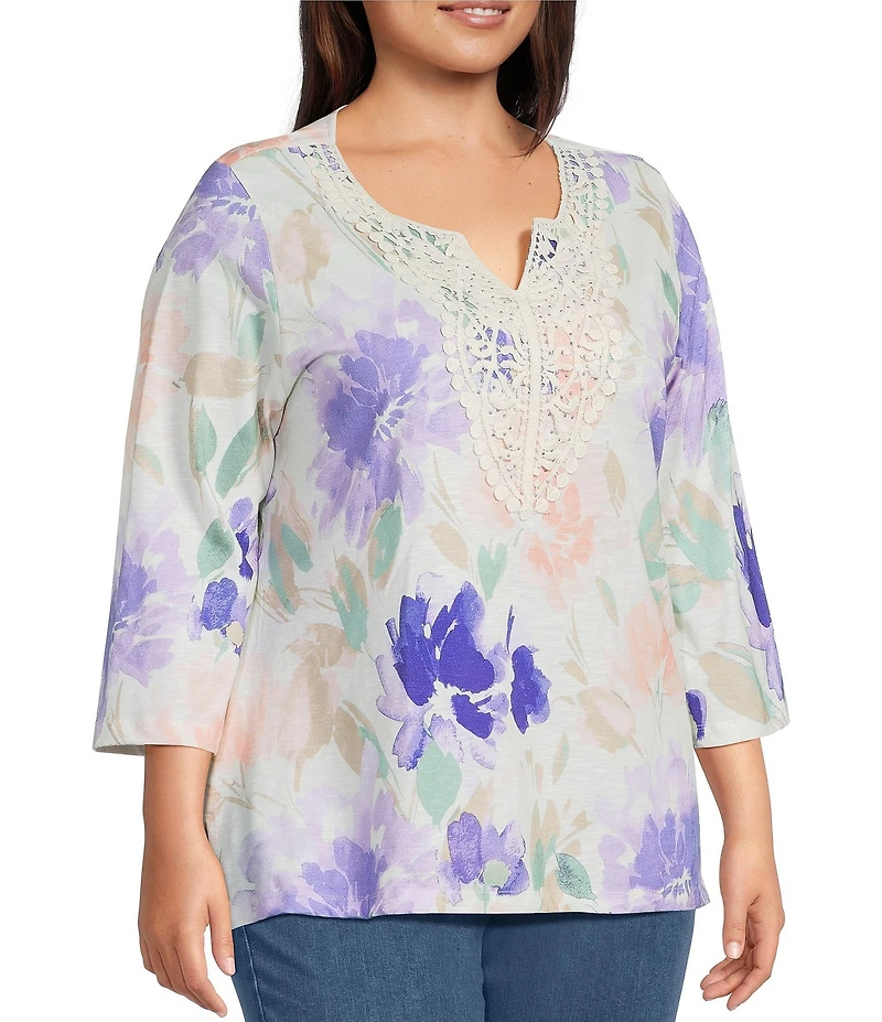 Allison Daley Plus Size Floral Print 3/4 Sleeve V-Neck Beaded Applique Knit Top
