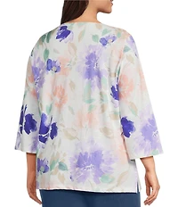 Allison Daley Plus Size Floral Print 3/4 Sleeve V-Neck Beaded Applique Knit Top