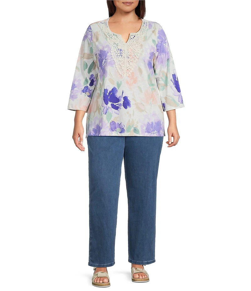 Allison Daley Plus Size Floral Print 3/4 Sleeve V-Neck Beaded Applique Knit Top