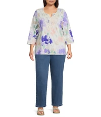 Allison Daley Plus Size Floral Print 3/4 Sleeve V-Neck Beaded Applique Knit Top