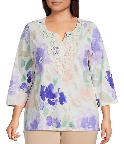 Allison Daley Plus Size Floral Print 3/4 Sleeve V-Neck Beaded Applique Knit Top