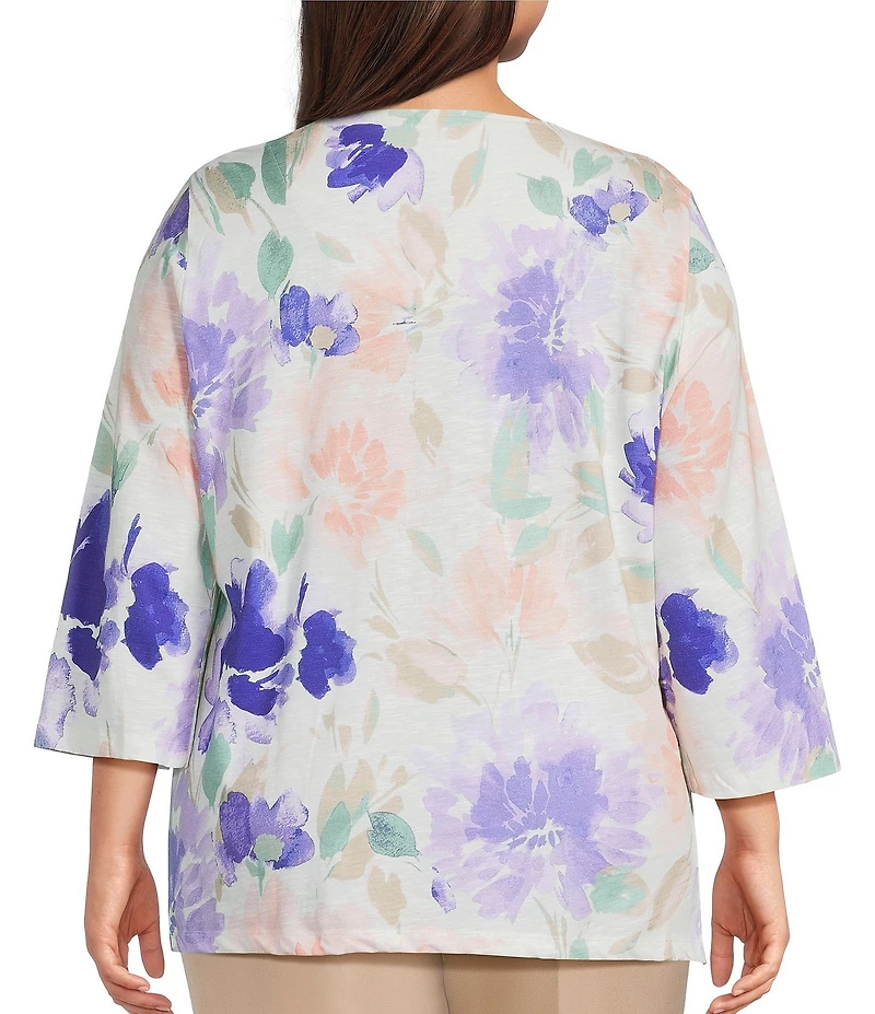 Allison Daley Plus Size Floral Print 3/4 Sleeve V-Neck Beaded Applique Knit Top