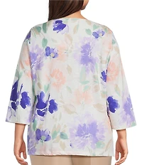 Allison Daley Plus Size Floral Print 3/4 Sleeve V-Neck Beaded Applique Knit Top