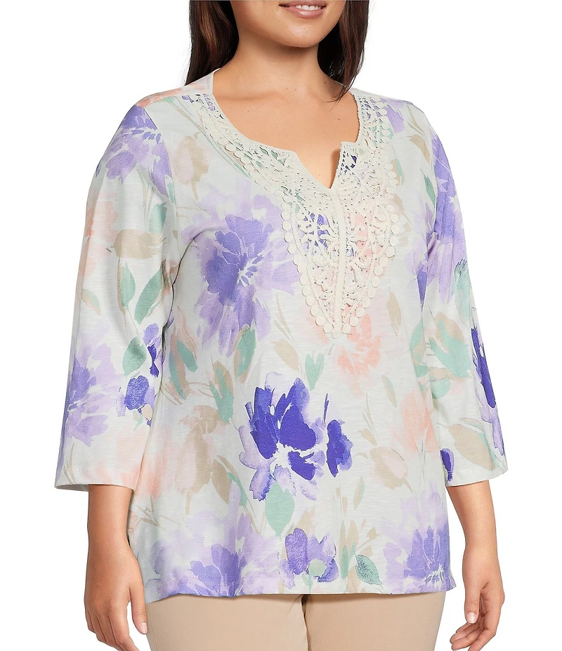 Allison Daley Plus Size Floral Print 3/4 Sleeve V-Neck Beaded Applique Knit Top