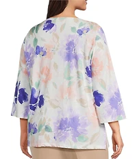 Allison Daley Plus Size Floral Print 3/4 Sleeve V-Neck Beaded Applique Knit Top
