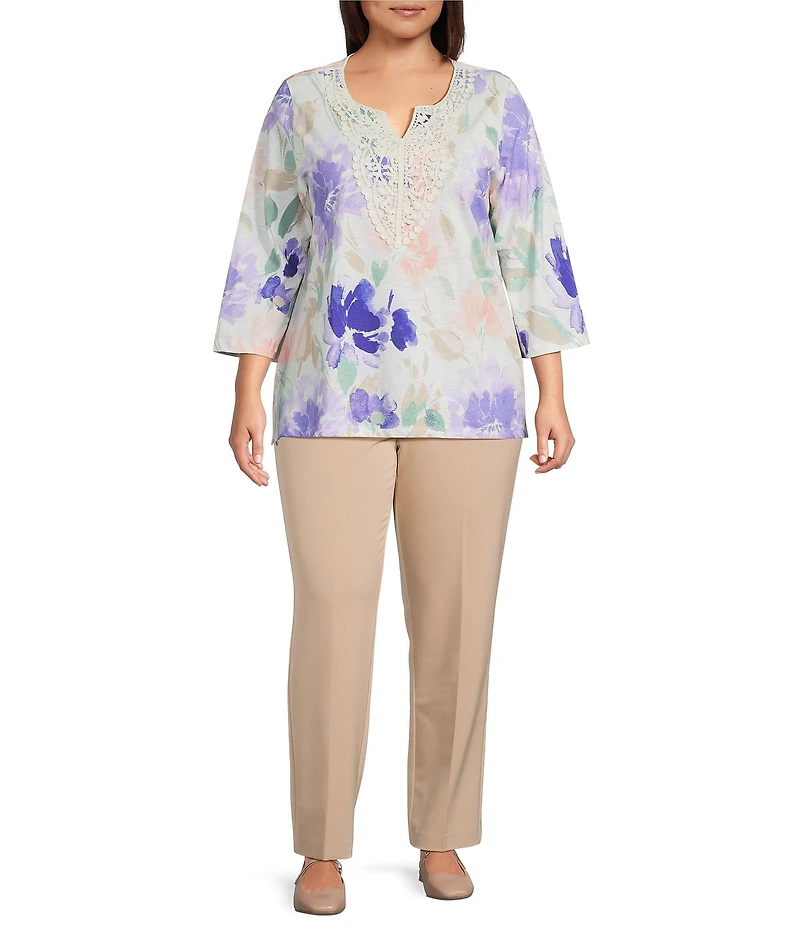Allison Daley Plus Size Floral Print 3/4 Sleeve V-Neck Beaded Applique Knit Top
