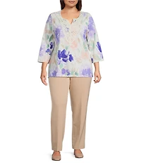 Allison Daley Plus Size Floral Print 3/4 Sleeve V-Neck Beaded Applique Knit Top