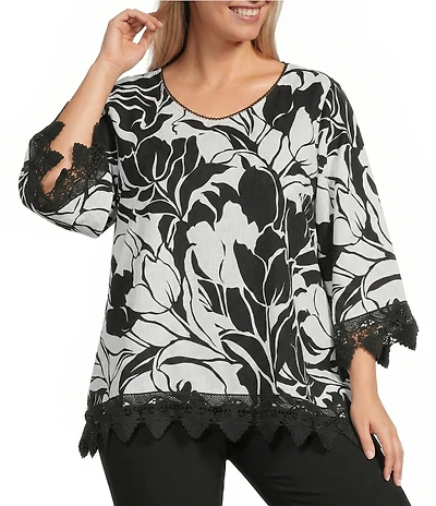 Allison Daley Plus Size Floral Print 3/4 Sleeve V-Neck Lace Trim Detail Blouse
