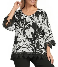 Allison Daley Plus Size Floral Print 3/4 Sleeve V-Neck Lace Trim Detail Blouse