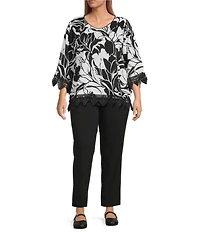 Allison Daley Plus Size Floral Print 3/4 Sleeve V-Neck Lace Trim Detail Blouse
